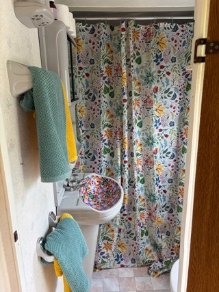 De badkamer heeft een zitbad met douche
